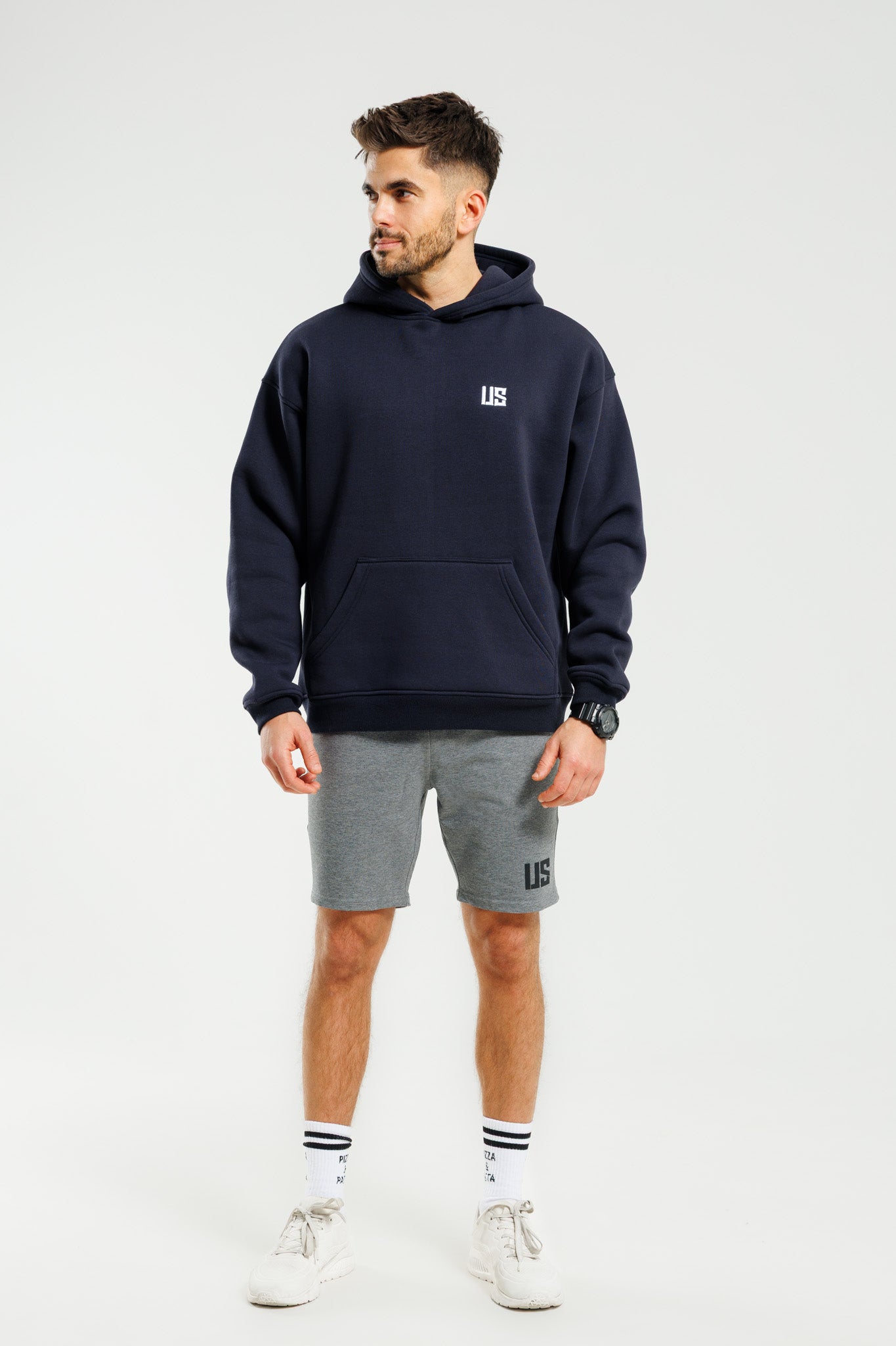 Męska bluza dresowa z kapturem ocieplana granatowa Hudson