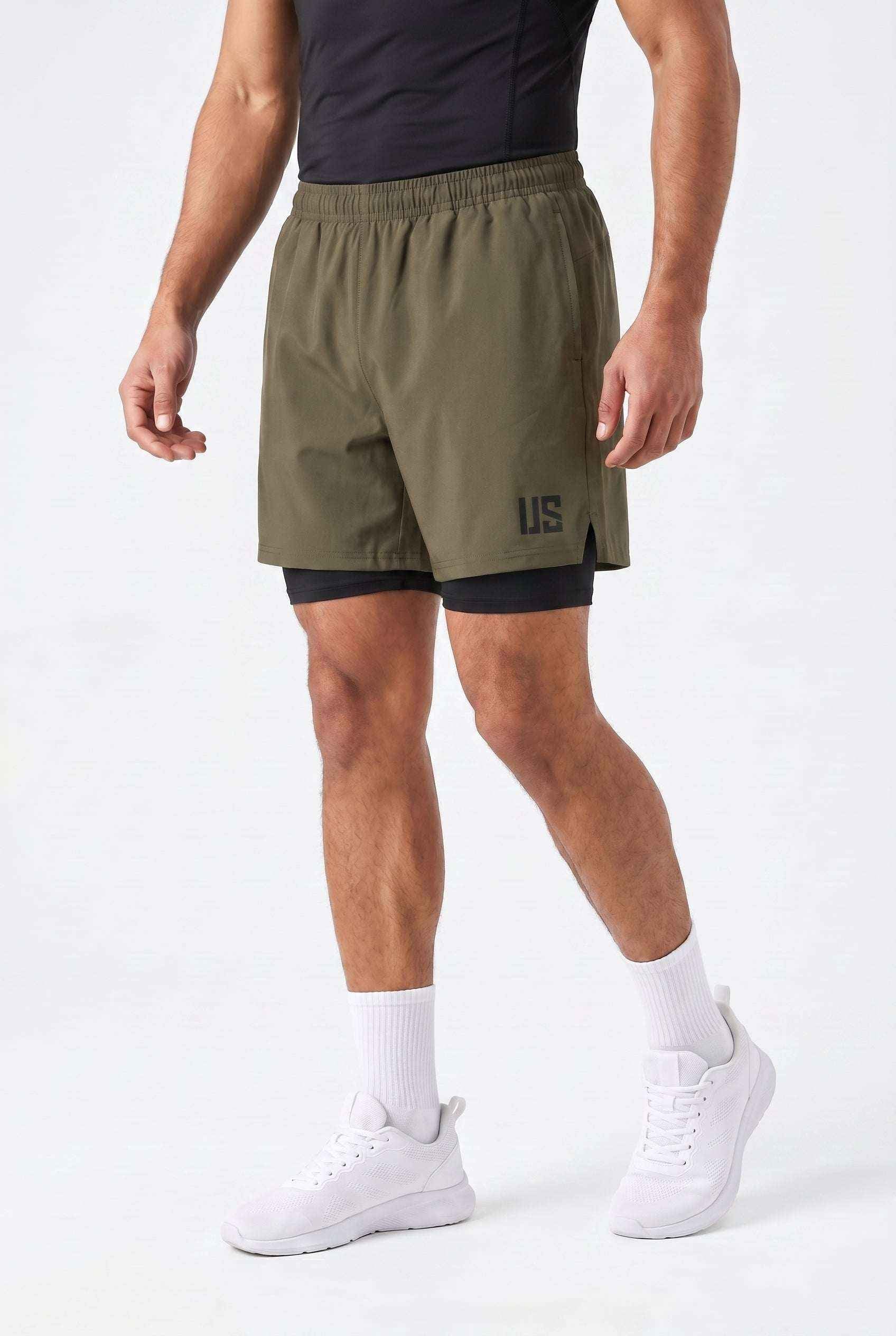 Spodenki męskie do biegania 2w1 PRO szybkoschnące khaki - Camp Runner