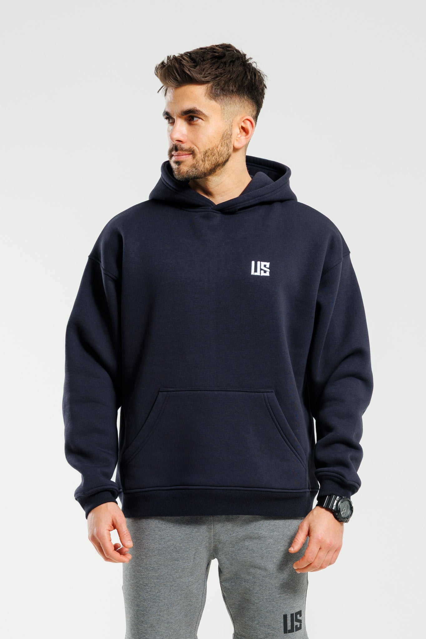 Męska bluza dresowa z kapturem ocieplana granatowa Hudson