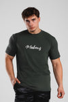 T-shirt bawełniany z nadrukiem khaki MAKEUS