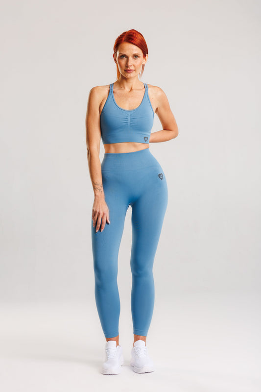 Zestaw bezszwowy PUSH UP V-SHAPE top + legginsy lazurowy Savannah