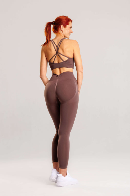 Zestaw bezszwowy PUSH UP V-SHAPE top + legginsy stalowy brąz - Savannah