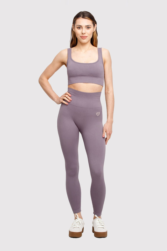 Zestaw bezszwowy prążkowany top + legginsy fioletowy Sunset